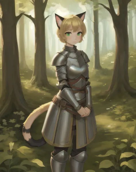 1girl, (Feminine), curvy body, solo, masterpiece, forest, scenery, (female cat girl:1.2), ((Beautiful blonde short hair)), green eyes, (Wearing light medieval armor), ((high colors))