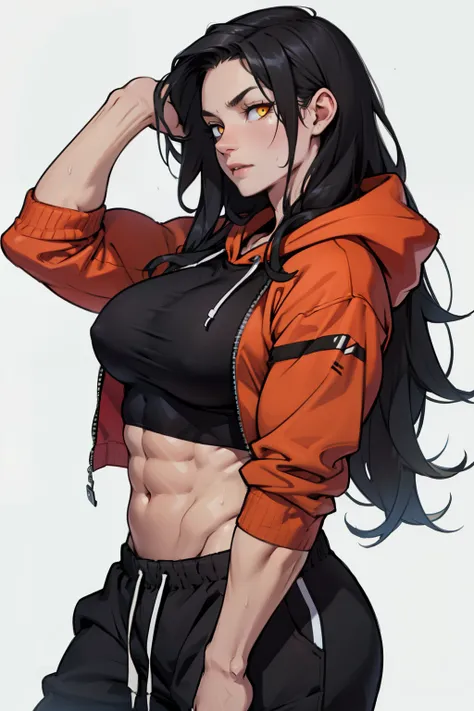 ((1girl bodybuilder)) pale skin black hair very long hair yellow eyes large breasts long hoodie sweatpants midriff close up