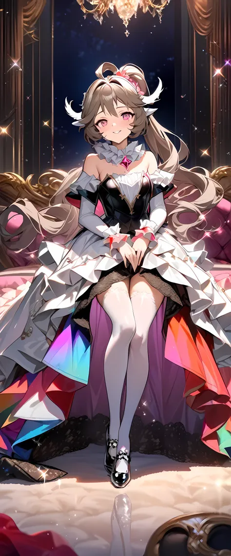 (glitters:0.9), (Sparkle:0.9), (Shine:0.9), (Best quality), (Masterpiece:1.2), Eyjafjalla_(Arknights),Extremely colorful，Colorful，Beautiful and delicate face and hair，Complete body，((light brwon ponytail))，Princess dress，Lace，folds，Ruffles， White stockings...