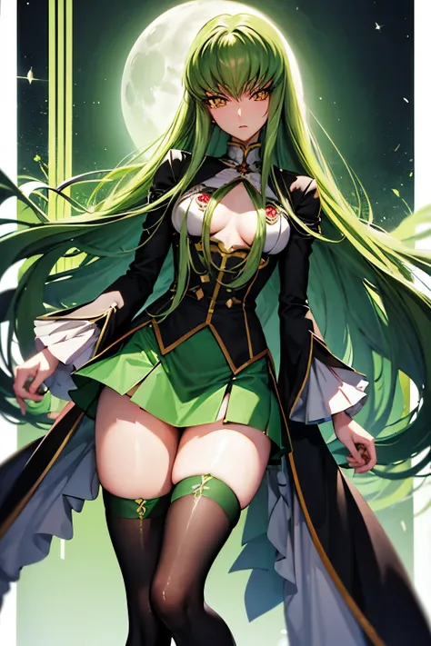 C.C、Code Geass、Green Hair、Long Hair、((Thigh-high socks))、Photo from below、Medium chest、full moon、((Black Knights Clothing))、mini skirt、Have a skirt