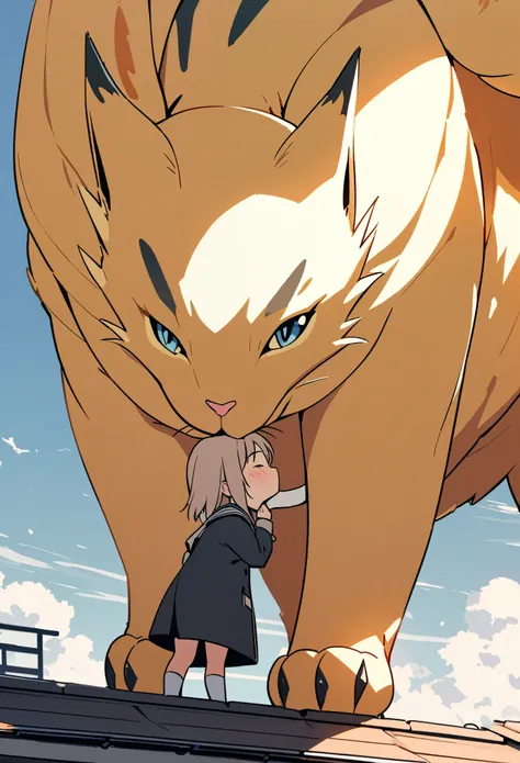 A cute girl and a huge dragon cat stand on the rooftop, shooting from the lowest point, kissing