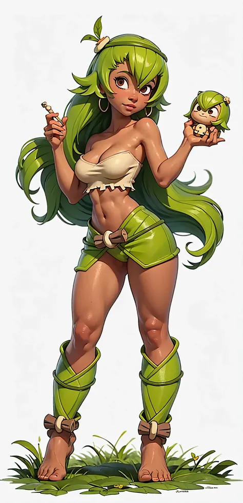 Amalia, sadida, dark skin, green hair, long hair, green plants clothes, minimal clothes, tiny thong, bare thigh, navel banding on the breasts, perfect body, she holds a voodoo doll in her hand.