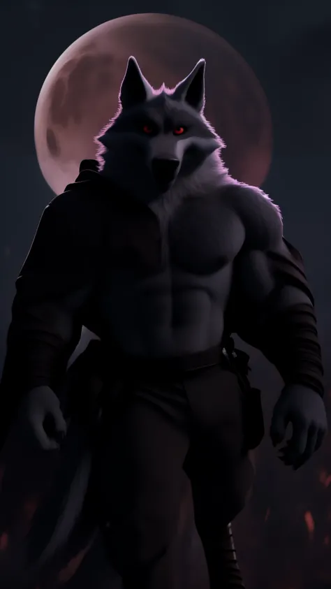 The ultimate death wolf male muscular Shiny eyes Red moon in the background by terabruno 