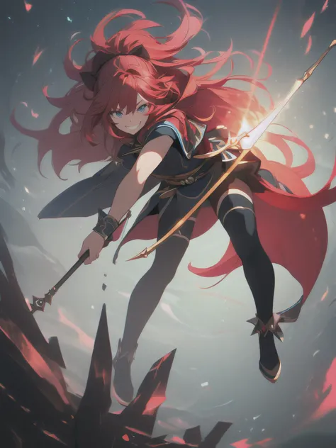 (best quality),(ultra detailed),(extremely detailed),(absolutely resolution) ,solo, absurdres,8k, 1girl,full body,  wizard, holding magicians staff, grin, ultra detailed eyes, long hair, messy hair, (red hair:1.2), 