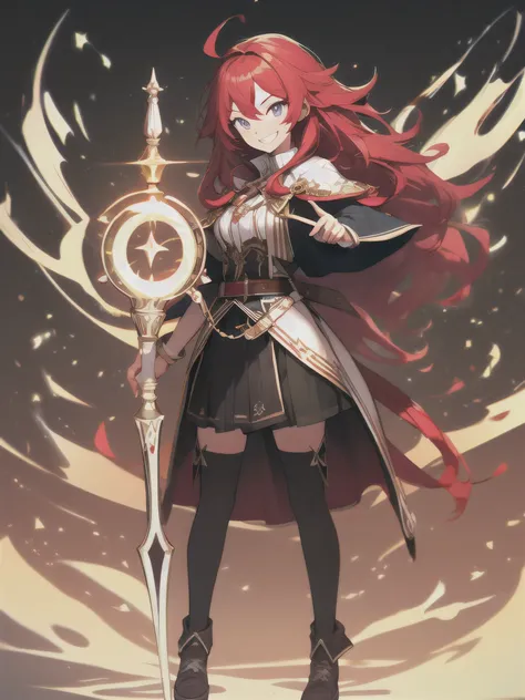 (best quality),(ultra detailed),(extremely detailed),(absolutely resolution) ,solo, absurdres,8k, 1girl,full body,  wizard, holding magicians staff, grin, ultra detailed eyes, long hair, messy hair, (red hair:1.2), 