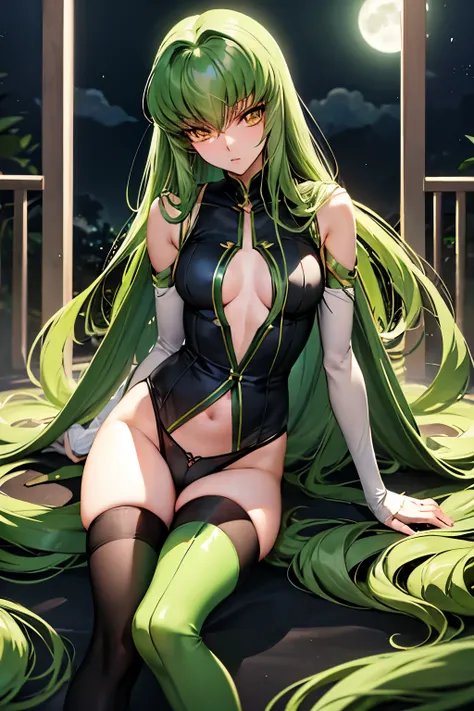 C.C、Code Geass、Green Hair、Long Hair、((Thigh-high socks))、Photo from below、Medium chest、full moon、((Black Knights Clothing))、howing panties