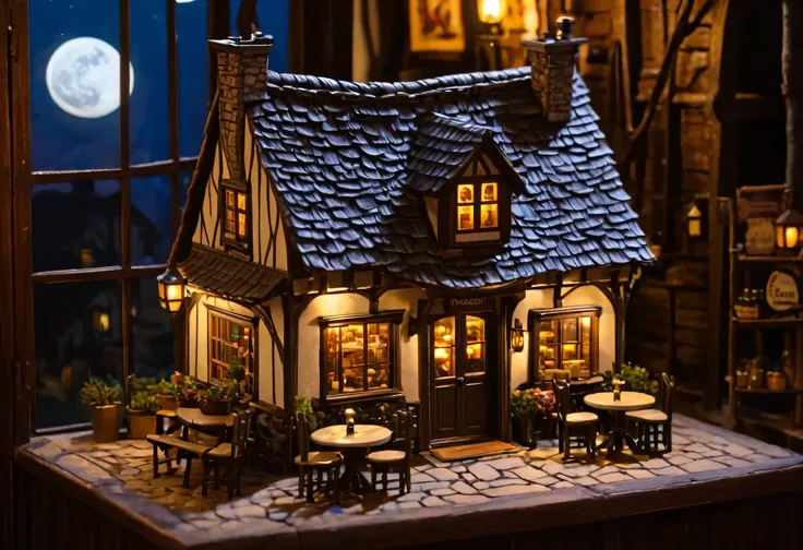 a close up of a miniature house with a full moon in the background, a multidimensional cozy tavern, dimly-lit cozy tavern, miniature cafe diorama, dimly lit cozy tavern, fantasy tavern background, medieval tavern, beautiful detailed miniature, fantasy bake...