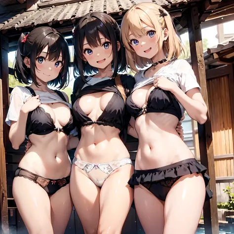 ((masterpiece, best quality, ultra quality, high quality, hyper detailed, intricate detailed, perfect anatomy, shiny skin, cowboy shot,)), (3 woman:1.5), cute woman are posing for a camera,  (At a Japanese hot spring:1.2)、  (Lift up your shirt:1.3),  (Laug...