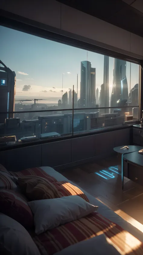 a gorgeous sci - fi bedroom matte painting by john harris, sparth and greg rutkowski. sharp edges, tiffany blue, grey orange, white and golden. sci - fi bedroom in a space base, outside the windows a future city skyline, light effect. ultra clear detailed,...