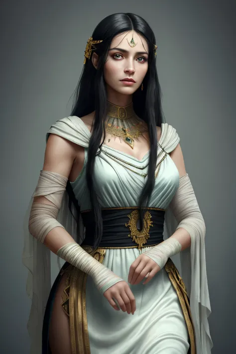 (highres,masterpiece:1.2),ultra-detailed,realistic,beautiful woman,mummy outfit cosplay,plain background,vibrant colors,vivid eyes,luscious lips,mysterious aura,flowing black hair,highly-detailed costume,wrinkled bandages,tattered cloth,ancient jewelry,reg...