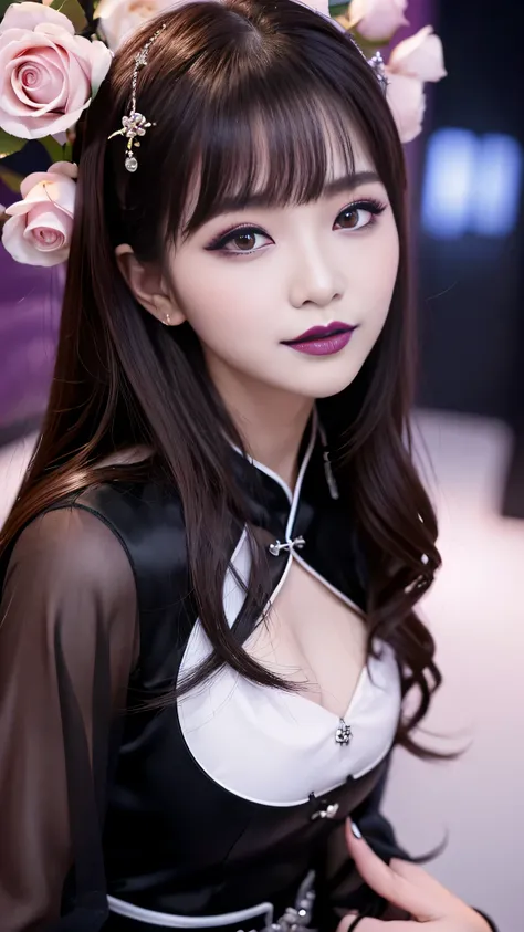 2girls、best quality、ultra-detailed、4k、Japanese、Seductive beauty、seductive adult woman、Pretty Woman、cool girl、Villainess、Brainwashed、brainwash、Fallen into evil、smirk、Evil look、Wicked Smile、evil、Brown hair、wavy hair、swept bangs、dark makeup、dark makeup、pierci...