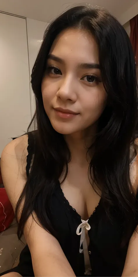 30 years old Hong Kong beautiful woman in room, nightwear, black long hair closeup selfie