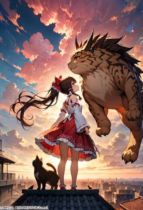 (Masterpiece, best quality, official art), A girl in a white dress stands on the roof of an apartment building, looking up at her giant cat friend that is as large as she and has red eyes, against a sunset sky with pink clouds,A cute girl and a huge dragon...