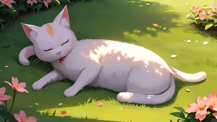 sleeping Japanese cat which is calico, in the park, sunny sky, blooming azalea, Japanese anime style