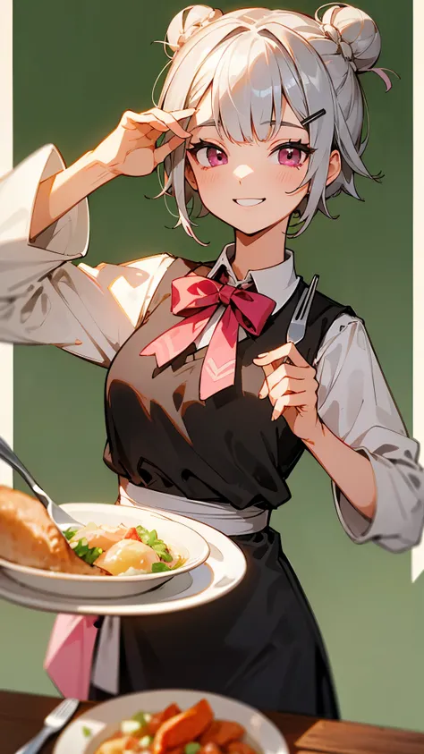 (highest quality,High resolution,Very detailed),Eat Hainanese chicken rice, Short silver bob hair tied in a bun with a hair clip, Pink Eyes、fork, Grin、Background blur, Depth of written border