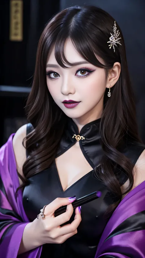 2girls、best quality、ultra-detailed、4k、Japanese、Seductive beauty、seductive adult woman、Pretty Woman、cool girl、Villainess、Brainwashed、brainwash、Fallen into evil、smirk、Evil look、Wicked Smile、evil、Brown hair、wavy hair、swept bangs、dark makeup、dark makeup、pierci...