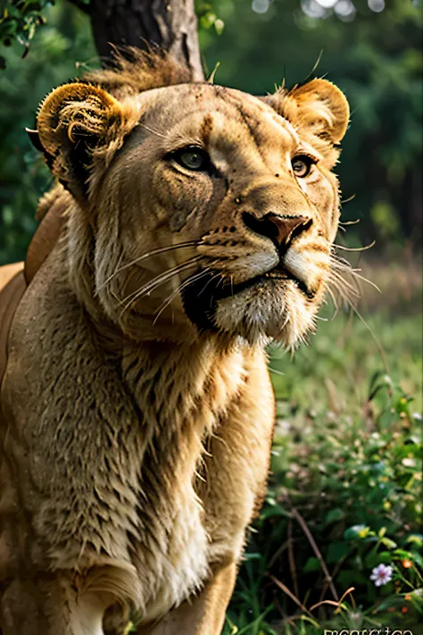 (avoid mistakes), (high quality), (realistic), lioness, looking up