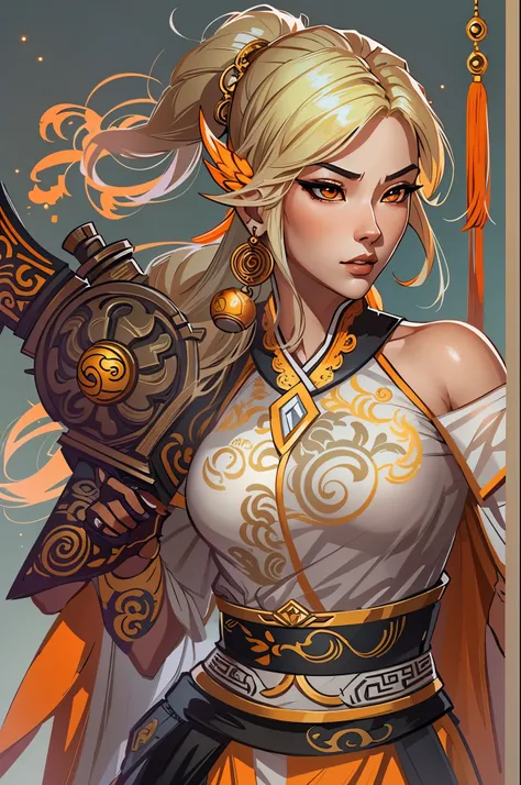 a close up of a strong amazon woman in her 30s, with orange eyes and blonde hair, wearing a black and orange ball gown dress, a heroine with orange eyes, martial artist holding polearm, standing in a chinese temple, new costume concept design, in the style...