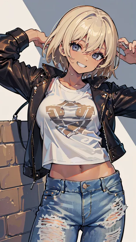 (8K、Highest quality、highest quality、masterpiece)、Detailed face、((One girl))、((Brown skin:1.3))、Blonde、short hair、Grey Eyes、evil smile、((Grin))、big breasts、((White T-shirt))、((denim pants))、((black leather jacket))、Cowboy Shot、Warehouse Background