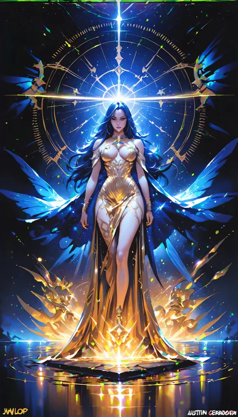 (The Goddess of Sand, beautifully decorated like in the movie, Golden Dress, Shiny gold tattoo), (Galactic Shaman with Quantum Energy Fantasy), Fantasy magic, Long Hair, Dark light night, Complex, Ethereal, Sharp focus, figure, Very detailed, Digital Paint...