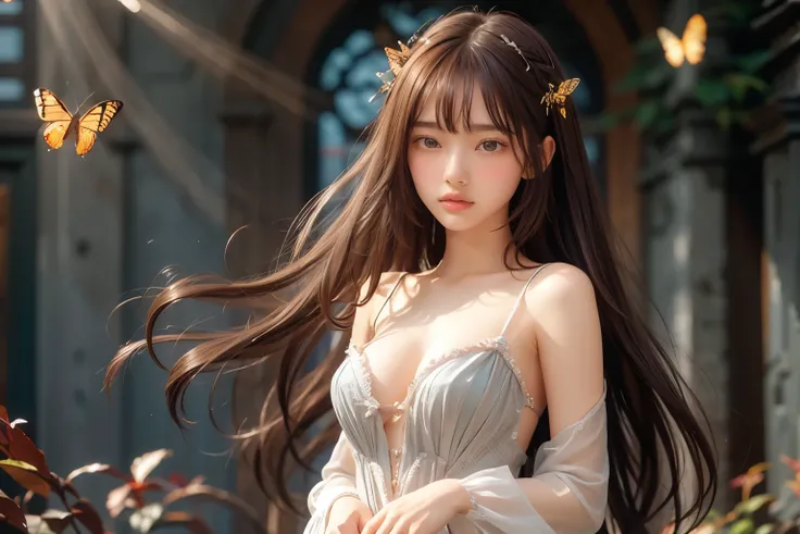 1 girl, masterpiece, very detailed, ((cinematic lighting)), (shine), ((dramatic lighting)), ((beautiful delicate shine)), intricate details, Lens flare, blonde, long hair, colorful dresses, butterfly hair ornament, butterfly, (particles of light), turn you...