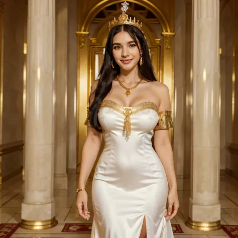 woman, 30 years old, smiling, white princess dress, England theme, Golden crown, black hair, gold necklace, gold earrings, large bust, full body, looking at camera, looking at viewer, palace hall background