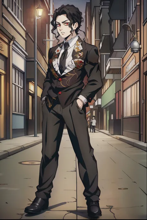 (masterpiece, best quality:1.2), kimetsu no yaiba style, MuzanMale, full body, black suite, neck tie, both hands in the pocket, leather shoes, red reptiles eyes, walking in the night street, lamp post