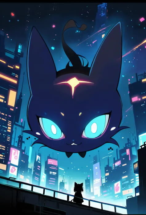 anime cat girl touching giant blue eye black cat with glowing eyes in the style of a rooftop view at night cityscape,   