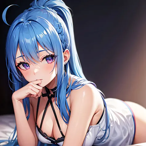 Blue hair, braided ponytail, magenta eyes, fair skin,Front shot,1 girl,very detailed beautiful face and eyes,Ahegao,cute eyes,white dress, put index finger on mouth, surprised,looking up,lie on bed