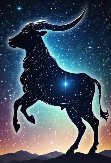 a stylized taurus silhouette formed by stars. Cosmic background