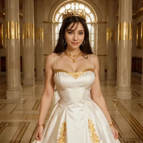 woman, 30 years old, smiling, white princess dress, England theme, Golden crown, black hair, gold necklace, gold earrings, large bust, full body, looking at camera, looking at viewer, palace hall background