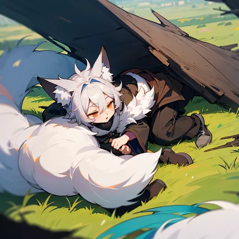 juvenile,Fox,Boy covered in black fur,Long sleeves in thin fabric,Short trousers,Furry,spring,grassland,Big tree,Juvenile sleeping at the base of a tree,A weak wind is blowing,((Composition seen from directly above)),Little Boy,fox,Black Fox Ears,Black Fox...