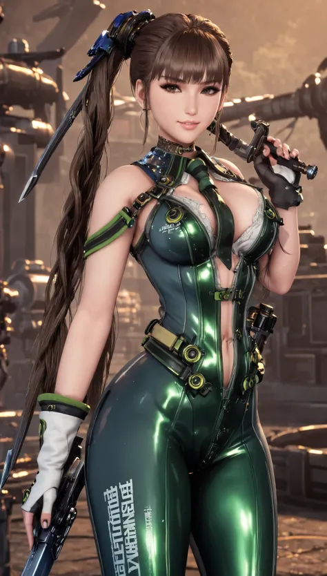 Eve, Stellar Blade, big breast, thicc thighs, 1girl,solo,heavy makeup,cute,earrings,ring braid,(lewd smile:1.1),holding long mechanical Sword,ponytail,idol,hooker,military uniform,(battleground:1.1),