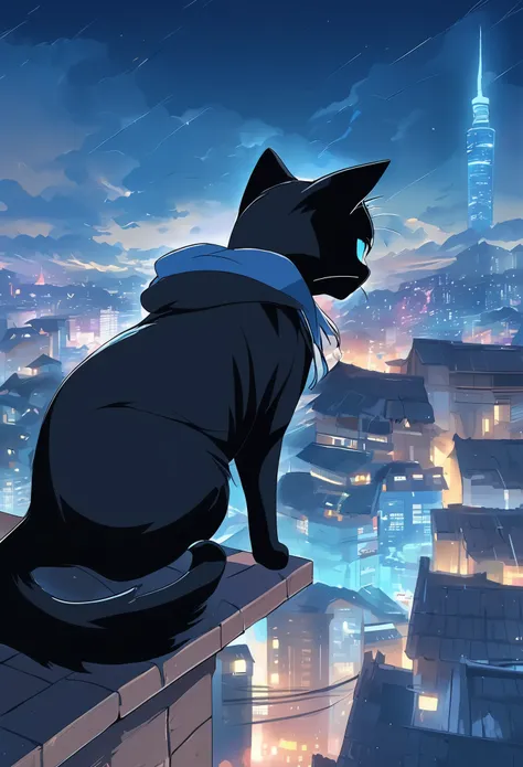 anime cat girl touching giant blue eye black cat with glowing eyes in the style of a rooftop view at night cityscape, 1girl, solo, blue eyes, black hair, long sleeves, upper body, ponytail, outdoors, sky, cloud, hood, looking at another, from side, hoodie,...