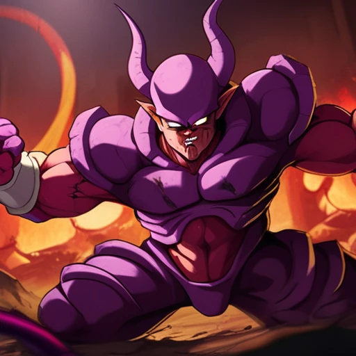 a seriously fighting janemba with purple armor pants is depicted in an infernal setting. the image is of the best quality, in 4k...