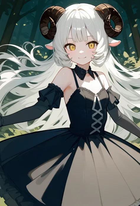 (score_9, score_8_up, score_7_up), 1girl, solo, (sheep horns, curled horns, black horns:1.2), (black sheep ears), white hair, long hair, hime cut, long bangs, pale skin, yellow eyes, smirk, neutral, small breasts, standing, lolita fashion, (black dress, ol...