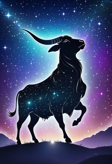 a stylized taurus silhouette formed by bright stars. Cosmic background