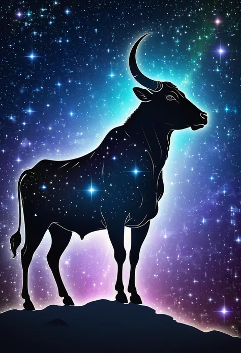 a stylized taurus silhouette formed by bright stars. Cosmic background