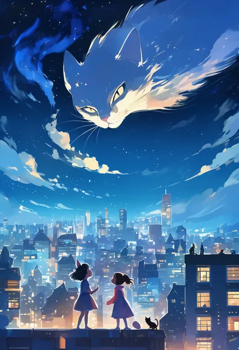 a little girl stands in the middle of the rooftop，night city and sky as background，a giant cat monster on the right，kiss with gi...