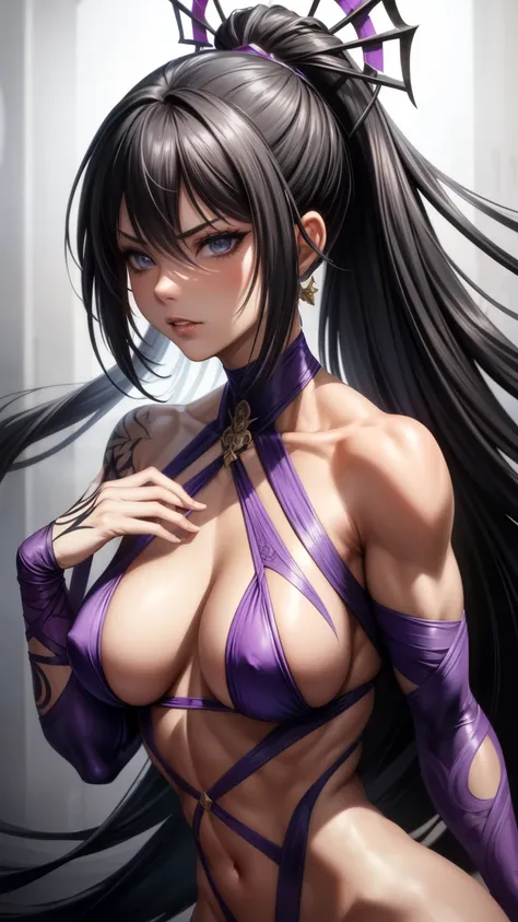 Masterpiece, best quality, 1 character, Nude-art, bright and original exposure, Mileena from Mortal Kombat, all body tape, microscopic purple bikini. Her toned and muscular body is intricately detailed, adorned with deep welts that map out every line and c...