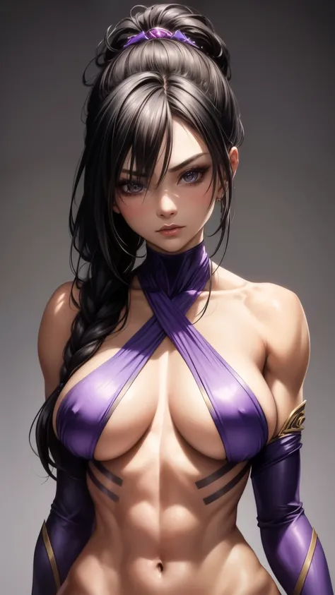 Masterpiece, best quality, 1 character, Nude-art, bright and original exposure, Mileena from Mortal Kombat, all body tape, microscopic purple bikini. Her toned and muscular body is intricately detailed, adorned with deep welts that map out every line and c...