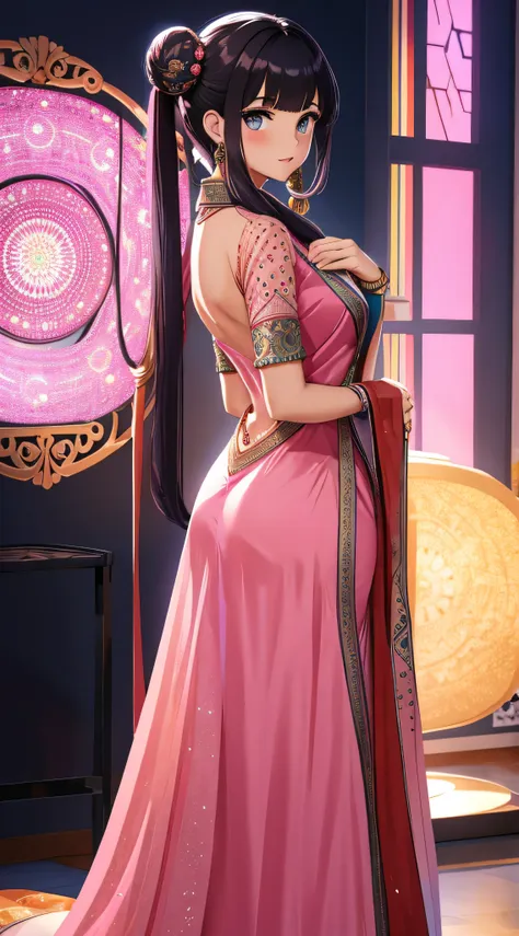 indian dress shamij shalwar , big curved , showing beautiful back side, slim figure, pink skin