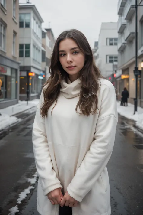 professional portrait photograph of a gorgeous Norwegian girl in winter clothing with long wavy blonde hair, sultry flirty look, gorgeous symmetrical face, cute natural makeup, wearing elegant warm winter fashion clothing, ((standing outside in snowy city ...