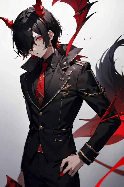 Demon Black hair Red eyes Wolf hair Red mesh Blindfold Black and red based clothing Black suit Knife Long bangs Left eye covered One eye covered Shoulder-length hair Slim Male