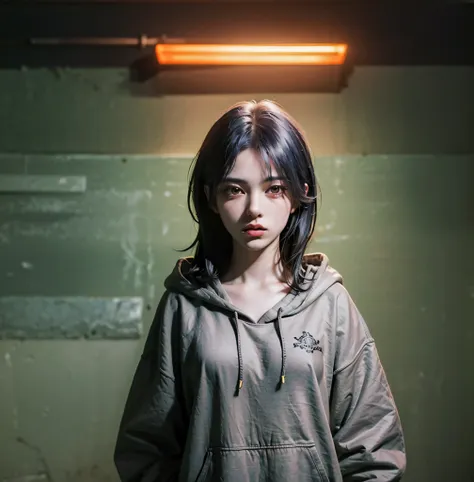 girl, wearing hoodie standing in surreal neighborhood, dark and ominous, unnatural colors, haunting vibe, sharp focus, red hue f...