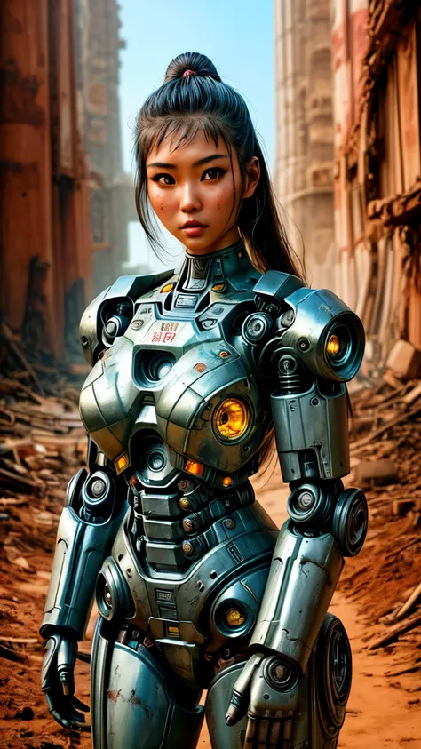 There is a woman in robot suit posing next to ancient ruin, in the apocalypse world  of fallout, beautiful asian girl half-cyborg, cute cyborg girl, beautiful girl cyborg, perfect robot girl, cyborg girl, young cyborg lady, beautiful female robot, beautifu...