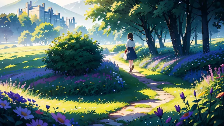 (highest quality、High resolution、masterpiece)、(Anime Art 4k)、(Realistic)、((One woman、20-year-old、whole body、While looking at the beautiful scenery、taking a walk、Flower Basket))、(Detailed depiction of a beautiful face)、Smiling Kindly、Medium Short Hair、Dark ...