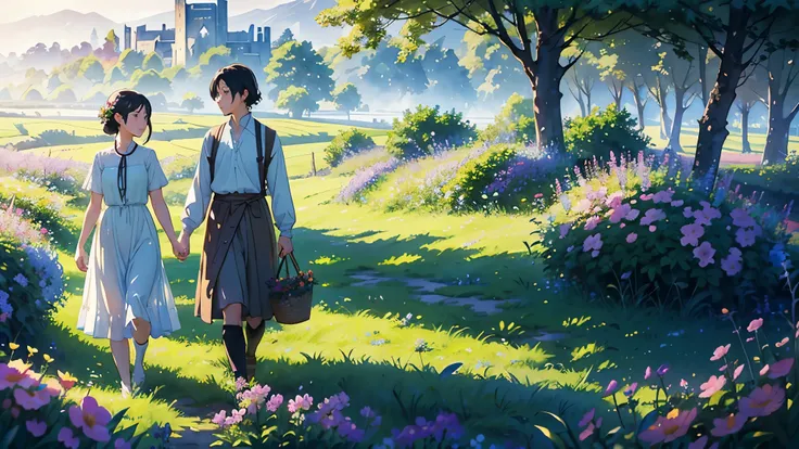 (highest quality、High resolution、masterpiece)、(Anime Art 4k)、(Realistic)、((Two women、20-year-old、whole body、While looking at the beautiful scenery、taking a walk、Flower Basket))、(Detailed depiction of a beautiful face)、Smiling Kindly、Medium Short Hair、Dark ...