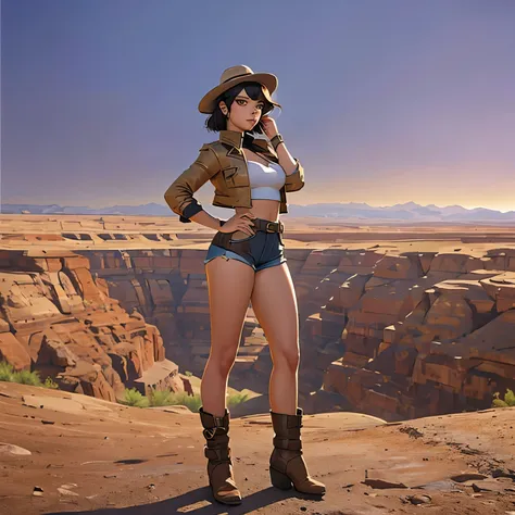 masterpiece, best quality, masterpiece, godlike quality, godlike art, highly detailed face, 1woman. a female gunslinger with short black hair, she wears a brown leather jacket with sleeves rolled up, a purple hat, (((gold eyes))), hotpants, purple bustier....