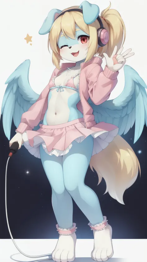 Furry girl, dog, cute hair, long ponytail, blonde hair, stars hairpin, red eyes, small breasts, detailed body fur, ((small pink jacket, open clothes, white frilly bikini, white frilly skirt)), blue feathered wings, masterpiece, looking at you, two tone bod...